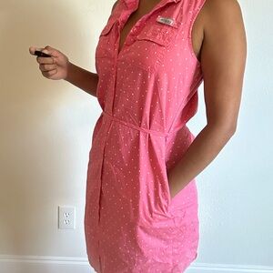 Columbia Pink Sleeveless Dress with White Dots. With pockets!